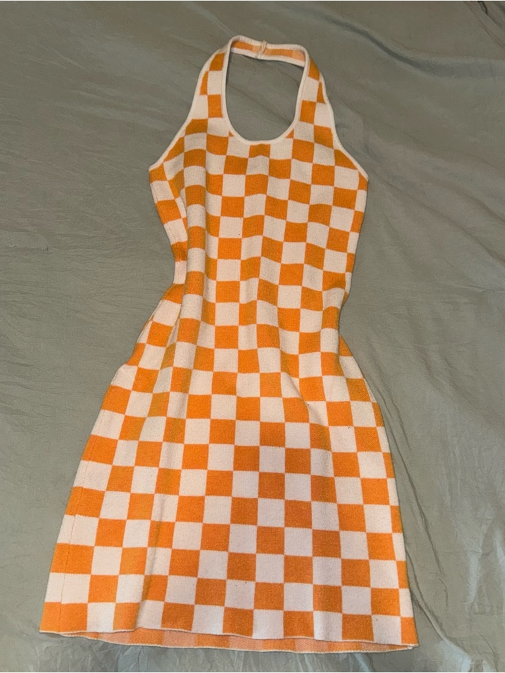 Princess Polly Orange and White Checkerboard Halter Mini Dress